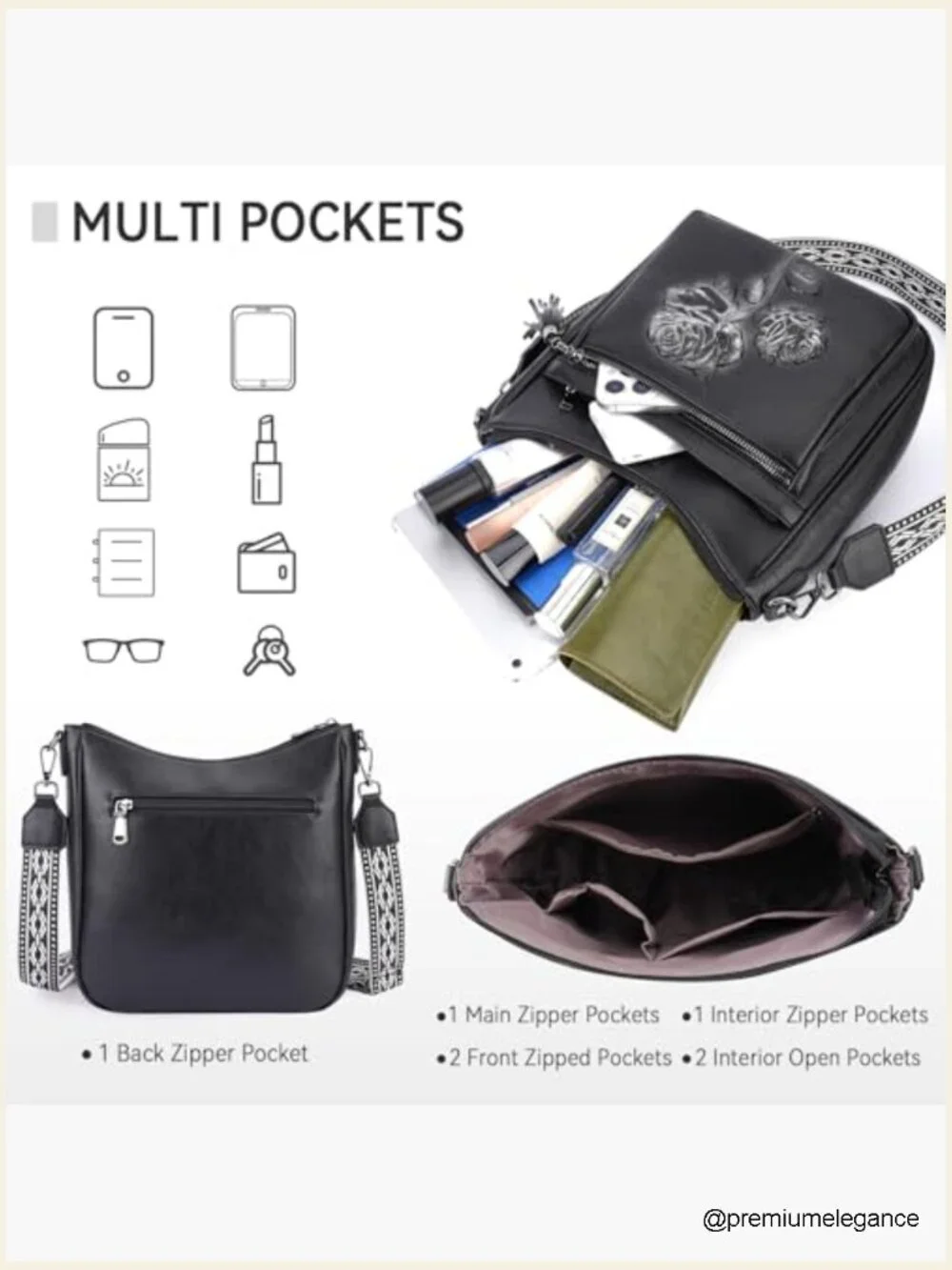 Vegan Leather Hobo Crossbody Bag Embossed Floral Lightweight Travel Purse